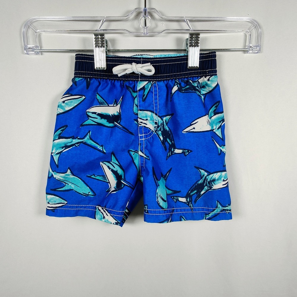Old Navy Boys Blue Shark Print Swim Trunks Mesh Lining 12-18 Months